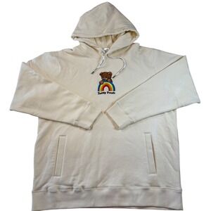 Y2K Teddy Fresh Rainbow‎ Bear Hoodie Men's Size XL Cream Cotton Fleece